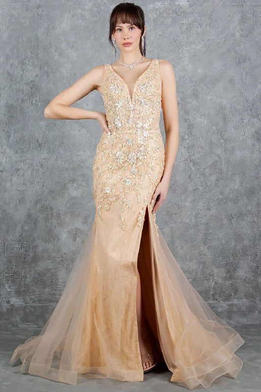 cocktail dresses with lace backs for intricate detail --Applique V-Neck Slit Gown by Cinderella Couture 8241J