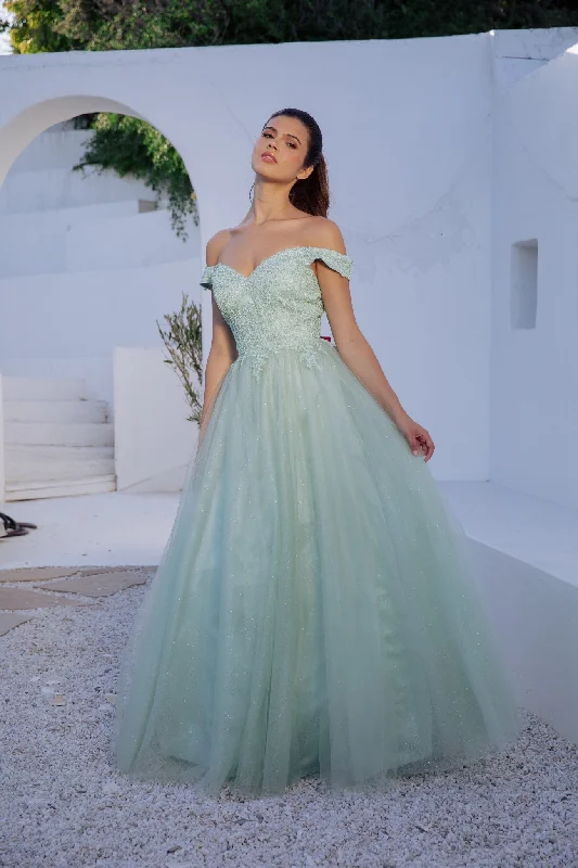 cocktail dresses with halter tops for chic style --Applique Off Shoulder A-line Gown by Eureka 9899