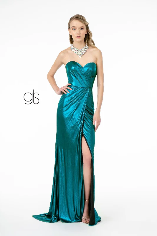 formal dresses for business galas with classic cuts --Long Strapless Faux Wrap Metallic Dress by Elizabeth K GL2894 formal dresses for business galas with classic cuts --Long Strapless Faux Wrap Metallic Dress by Elizabeth K GL2894