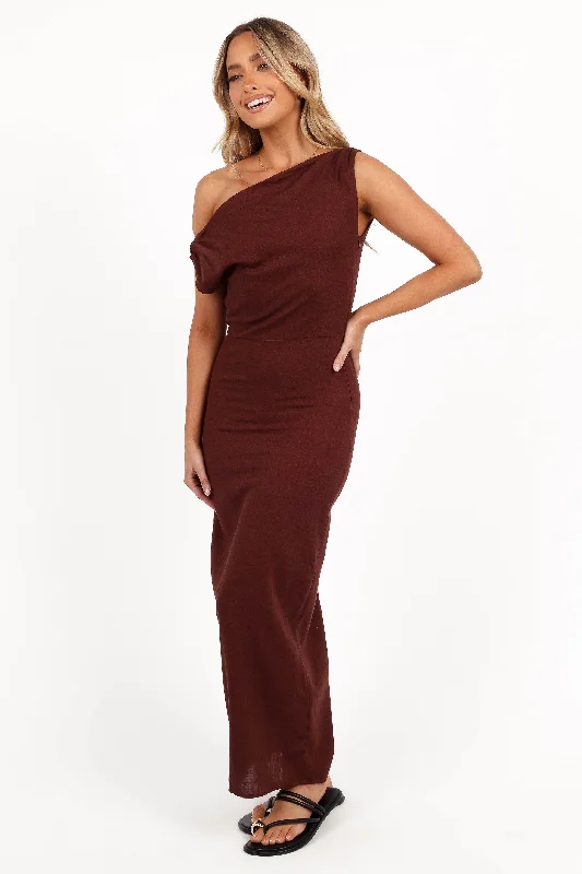 cocktail dresses for petite women with A-line skirts --Kassie Off Shoulder Dress - Chocolate Brown cocktail dresses for petite women with A-line skirts --Kassie Off Shoulder Dress - Chocolate Brown