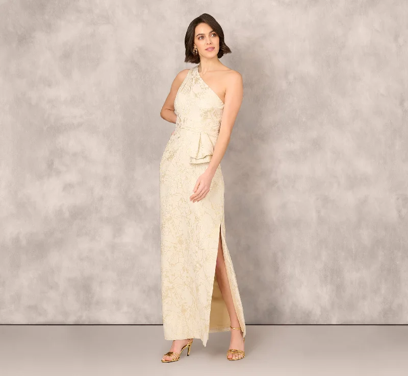 formal dresses with off-shoulder sleeves for summer events --One Shoulder Metallic Stretch Jacquard Column Gown In Light Gold formal dresses with off-shoulder sleeves for summer events --One Shoulder Metallic Stretch Jacquard Column Gown In Light Gold