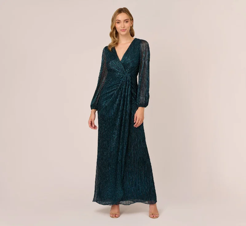 formal dresses for plus size women with A-line skirts --Metallic Crinkled Mesh Draped Long Gown In Teal Sapphire