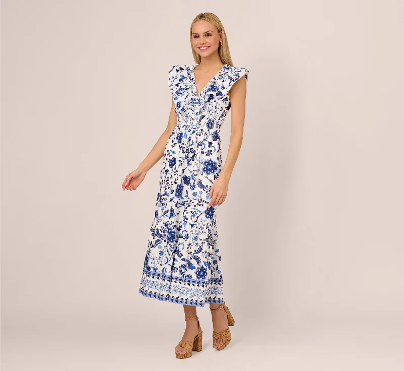 Stylish spring dresses with asymmetric details -Sleeveless Ruffle Collar Printed Midi Dress In White Blue Multi Stylish spring dresses with asymmetric details -Sleeveless Ruffle Collar Printed Midi Dress In White Blue Multi