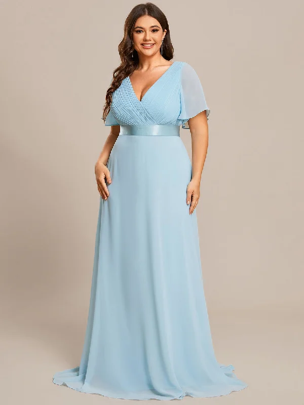 Designer cocktail dresses for upscale events -Glamorous Double V-Neck Ruffles Padded Plus Size Evening Dresses Designer cocktail dresses for upscale events -Glamorous Double V-Neck Ruffles Padded Plus Size Evening Dresses