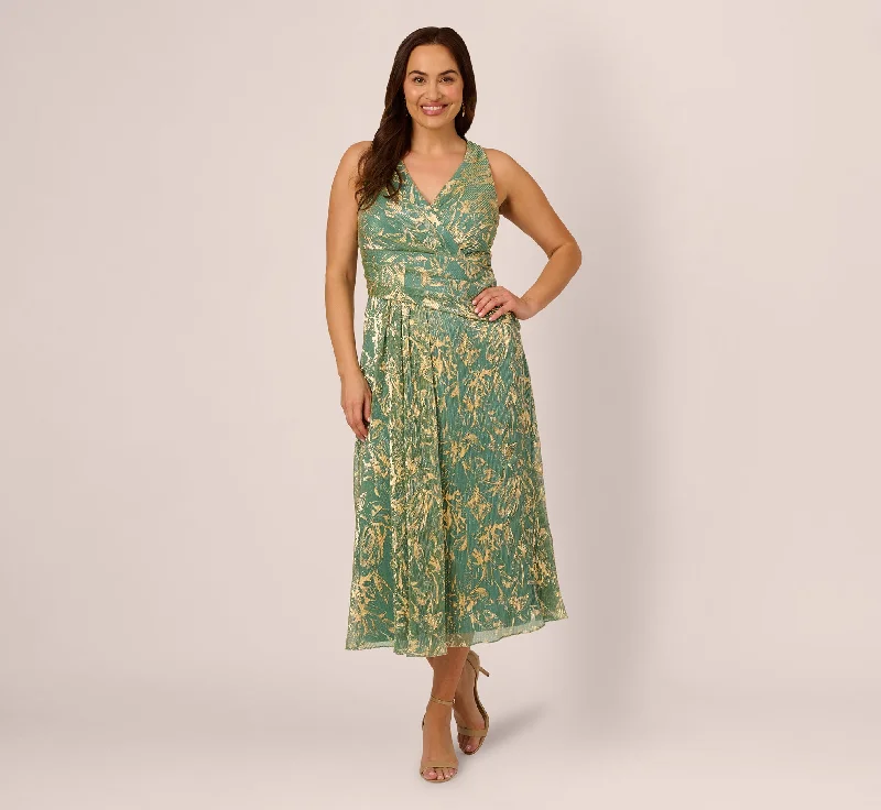 Best wedding guest dresses for springtime celebrations -Plus Size Sleeveless Metallic Crinkle Midi Dress In Sage Gold Best wedding guest dresses for springtime celebrations -Plus Size Sleeveless Metallic Crinkle Midi Dress In Sage Gold