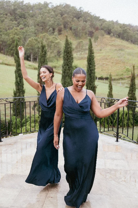 chiffon bridesmaid dresses in pastel colors for spring weddings --Anela Asymmetric Midi Dress - Navy chiffon bridesmaid dresses in pastel colors for spring weddings --Anela Asymmetric Midi Dress - Navy