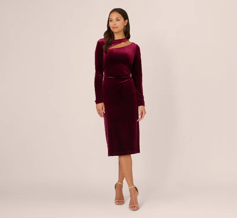 Spring dresses with a bow tie for added charm -Long Sleeve Velvet Dress With Asymmetric Cutout Neckline In Burgundy