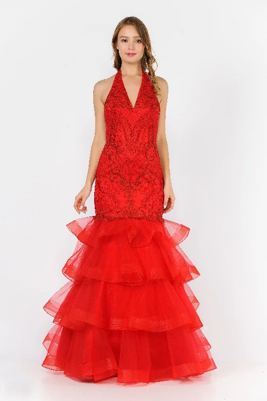 cocktail dresses with floral embroidery for romantic occasions --Embroidered Long Halter Mermaid Dress by Poly USA 8466 cocktail dresses with floral embroidery for romantic occasions --Embroidered Long Halter Mermaid Dress by Poly USA 8466