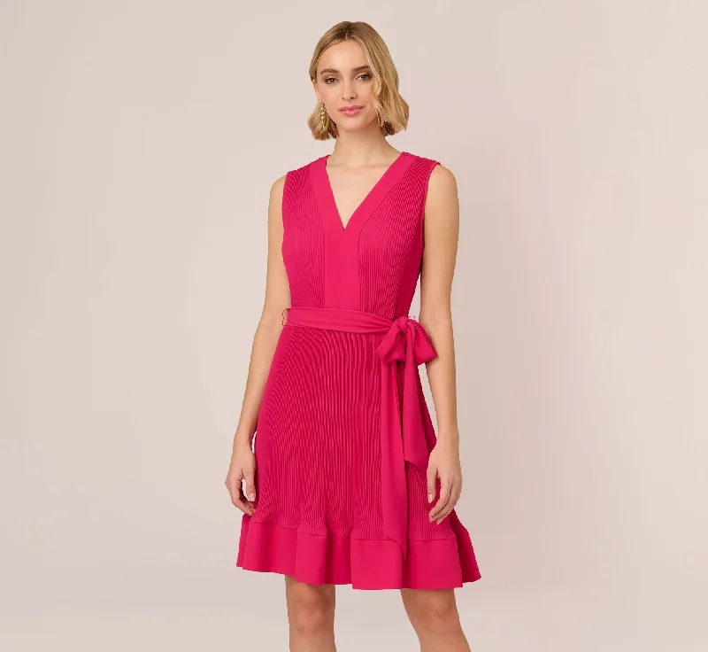 Spring dresses with floral lace accents for a vintage look -Sleeveless Pleated Dress With Self Tie Waist In Hot Pink Spring dresses with floral lace accents for a vintage look -Sleeveless Pleated Dress With Self Tie Waist In Hot Pink