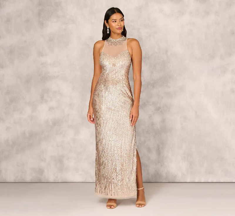 formal dresses for winter weddings with velvet and long sleeves --Sleeveless Beaded Column Gown With Illusion Neckline In Champagne