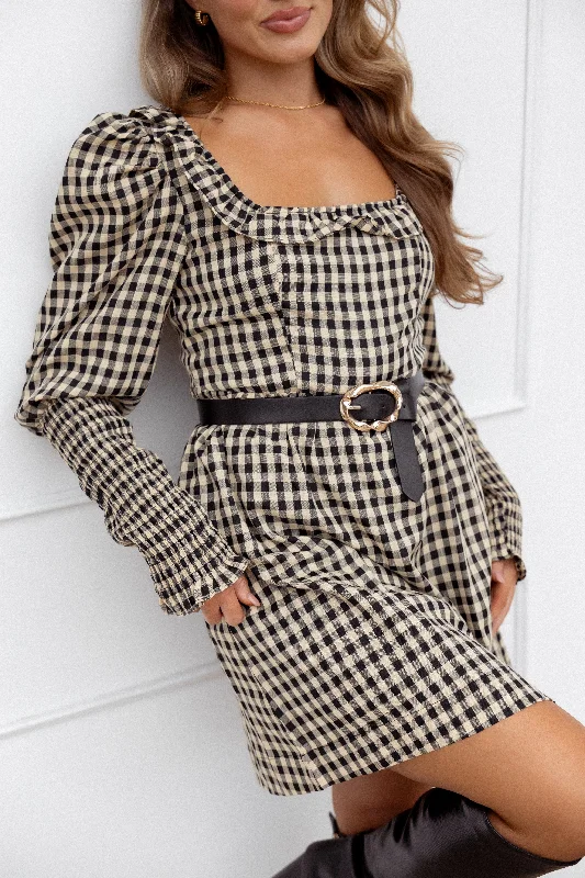 Spring dresses with adjustable straps for a custom fit -Xenia Mini Dress - Black/Beige Gingham Spring dresses with adjustable straps for a custom fit -Xenia Mini Dress - Black/Beige Gingham