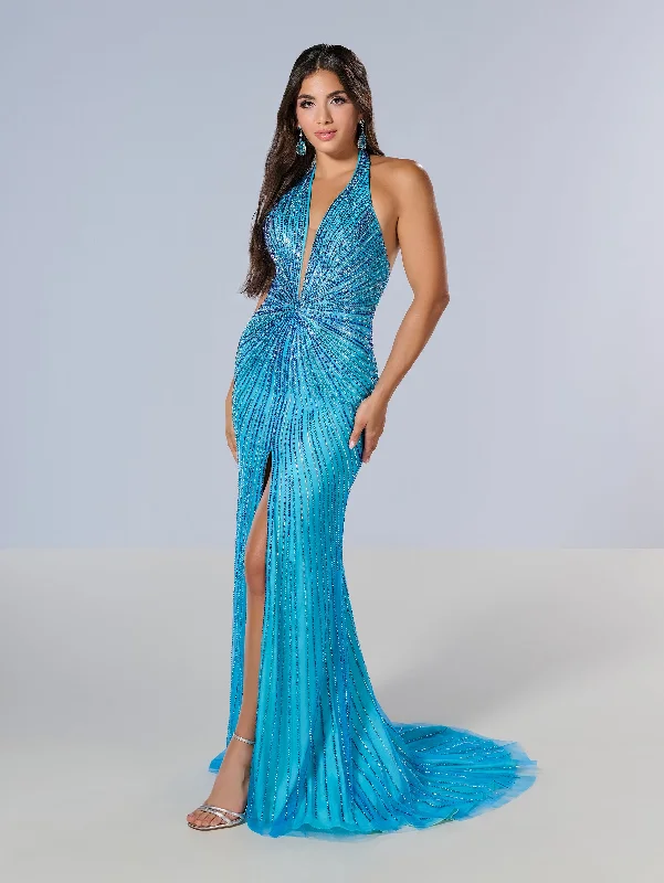 formal dresses for holiday parties in jewel tones --Beaded Fitted Halter Slit Gown by Tiffany Designs 16205 formal dresses for holiday parties in jewel tones --Beaded Fitted Halter Slit Gown by Tiffany Designs 16205