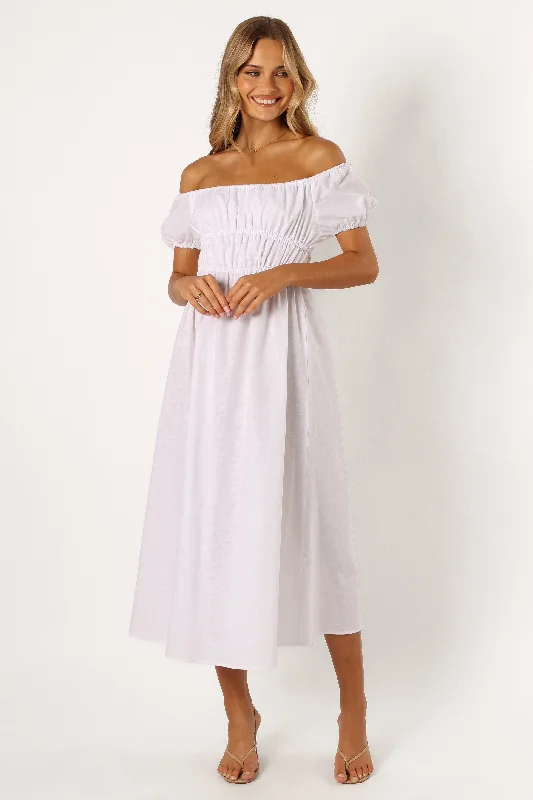 Spring dresses with crochet details for a boho vibe -Sofia Off Shoulder Maxi Dress - White Spring dresses with crochet details for a boho vibe -Sofia Off Shoulder Maxi Dress - White