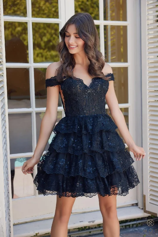 Stylish graduation dresses with high-quality craftsmanship -Short Off Shoulder Tiered Dress by Nox Anabel R877 Stylish graduation dresses with high-quality craftsmanship -Short Off Shoulder Tiered Dress by Nox Anabel R877