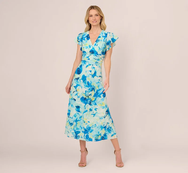 Light spring dresses for a beach vacation -Flutter Sleeve Floral Chiffon Midi Dress In Blue Multi