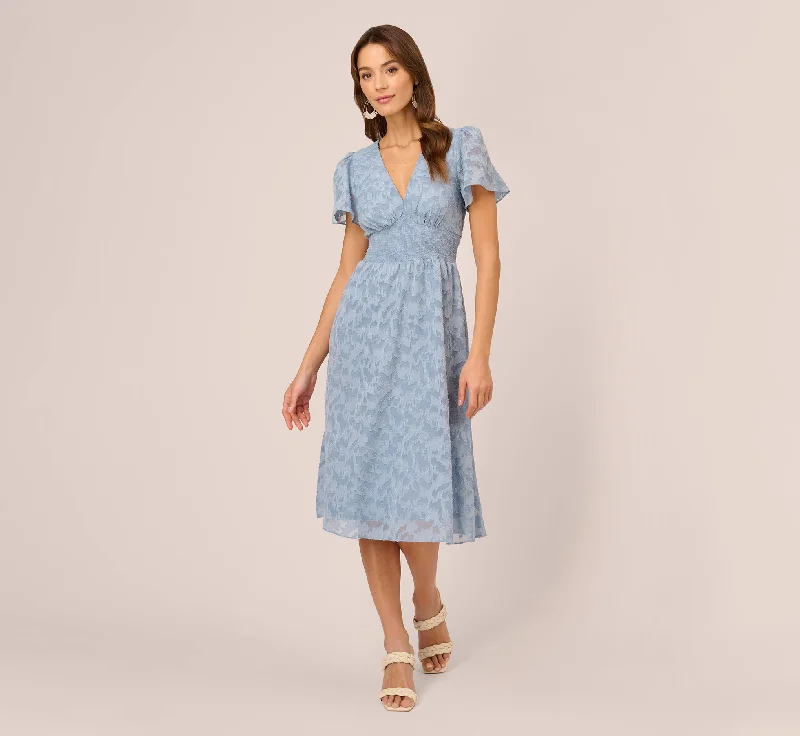 Spring dresses for a cozy evening with a warm jacket -Burnout Smocked Midi Dress With Short Sleeves In Dusty Blue Spring dresses for a cozy evening with a warm jacket -Burnout Smocked Midi Dress With Short Sleeves In Dusty Blue