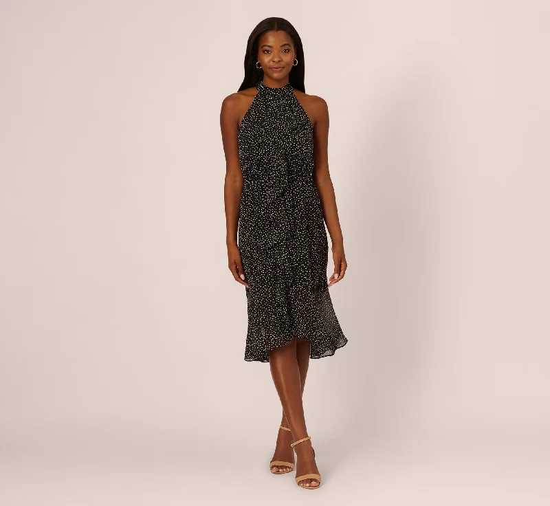 Spring dresses with button-down details for a classic look -Shirred Dot Chiffon Midi Dress In Black Ivory Spring dresses with button-down details for a classic look -Shirred Dot Chiffon Midi Dress In Black Ivory