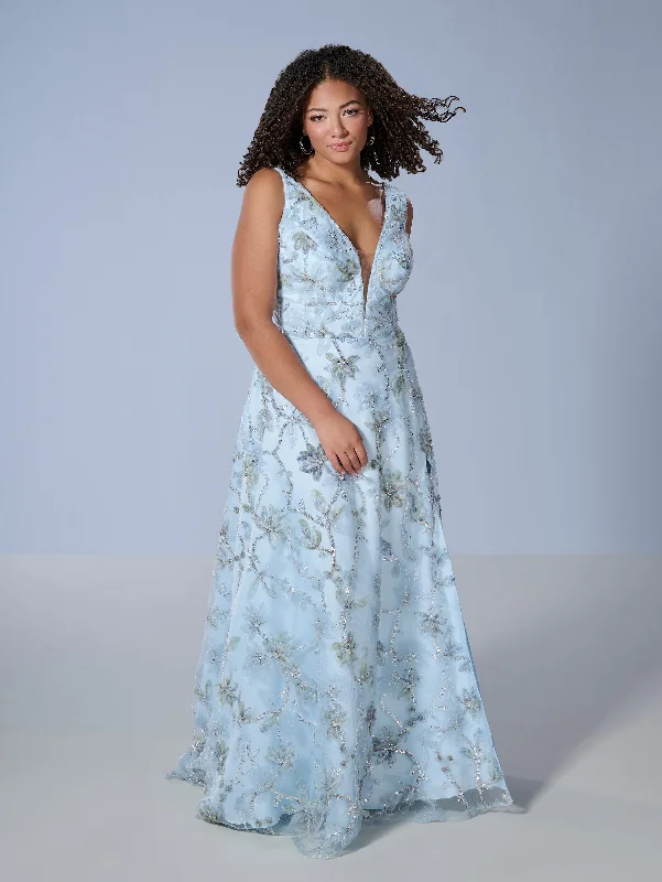 cocktail dresses with bow accents for feminine touch --Plus Size Floral A-line Gown by Tiffany Designs 16249