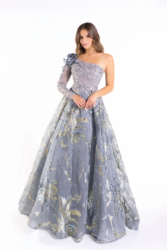 cocktail dresses with metallic thread for shimmer --Brocade One Shoulder A-line Gown by Lucci Lu C8054