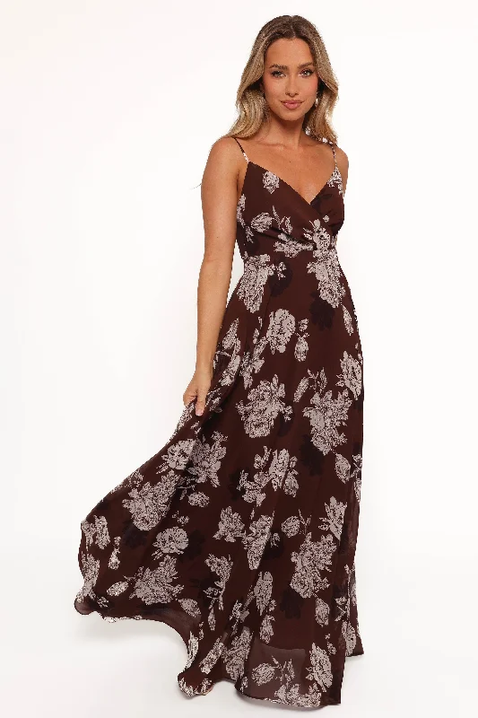 Wedding guest dresses with layered fabric for added texture -Madilyn Maxi Dress - Brown Floral Wedding guest dresses with layered fabric for added texture -Madilyn Maxi Dress - Brown Floral