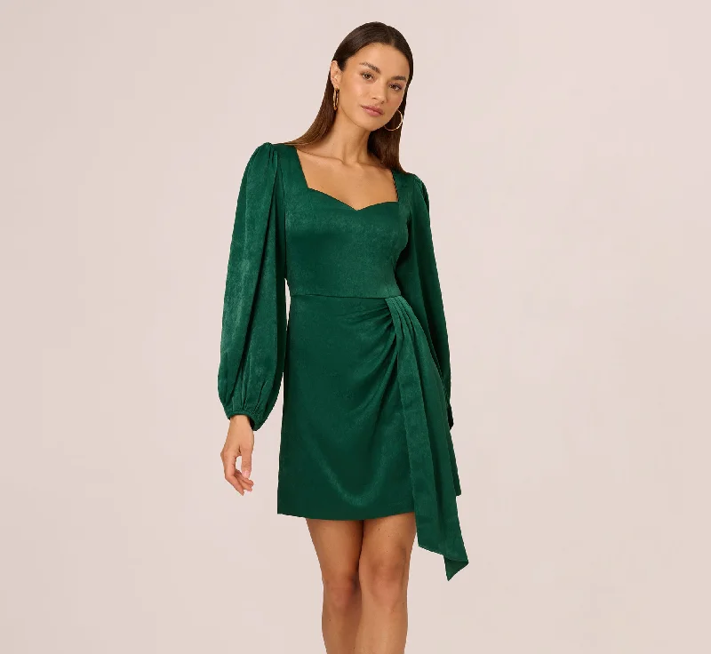 Spring dresses with a midi length for a balanced look -Long Sleeve Satin Dress With Draped Details In Dark Ivy Spring dresses with a midi length for a balanced look -Long Sleeve Satin Dress With Draped Details In Dark Ivy