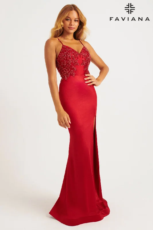 cocktail dresses with tiered ruffles for dramatic effect --Beaded Satin Sleeveless Slit Gown by Faviana 11256 cocktail dresses with tiered ruffles for dramatic effect --Beaded Satin Sleeveless Slit Gown by Faviana 11256