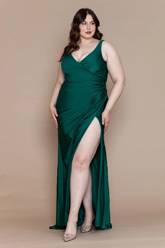 cocktail dresses with sweetheart necklines for romantic looks --Plus Size Fitted V-Neck Slit Gown by Poly USA W1114 cocktail dresses with sweetheart necklines for romantic looks --Plus Size Fitted V-Neck Slit Gown by Poly USA W1114