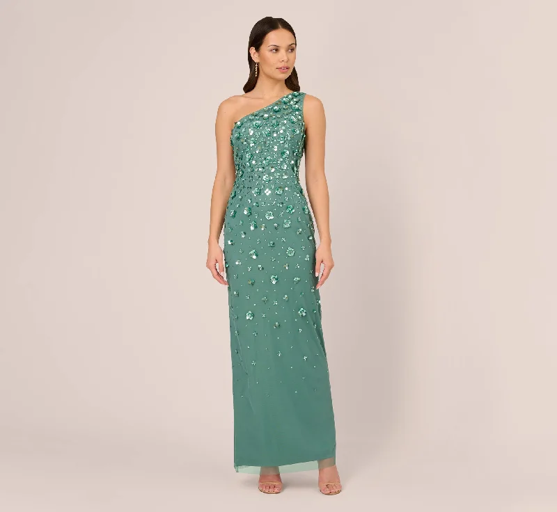 formal dresses with embroidered beadwork for luxury appeal --3D Floral Hand-Beaded One-Shoulder Long Column Gown In Green Slate formal dresses with embroidered beadwork for luxury appeal --3D Floral Hand-Beaded One-Shoulder Long Column Gown In Green Slate