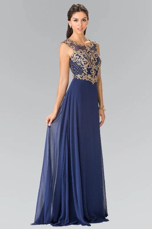 Wedding guest dresses with eye-catching prints for a bold look -Long Sleeveless Dress with Gold Applique by Elizabeth K GL2316 Wedding guest dresses with eye-catching prints for a bold look -Long Sleeveless Dress with Gold Applique by Elizabeth K GL2316