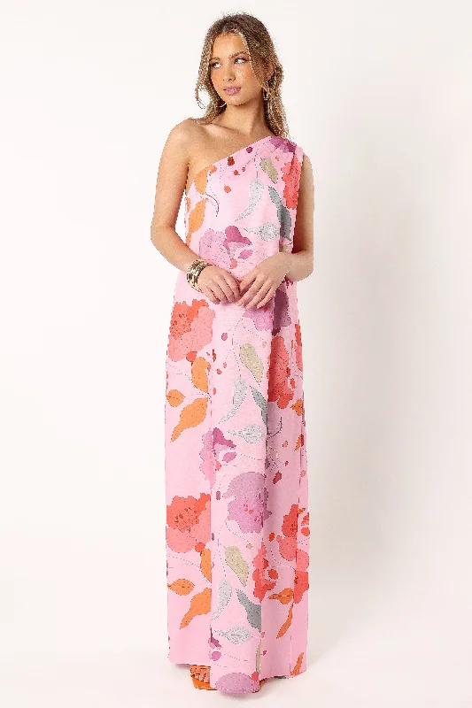 Elegant wedding guest dresses with delicate lace detailing -Tillie One Shoulder Maxi Dress - Pink Floral Elegant wedding guest dresses with delicate lace detailing -Tillie One Shoulder Maxi Dress - Pink Floral