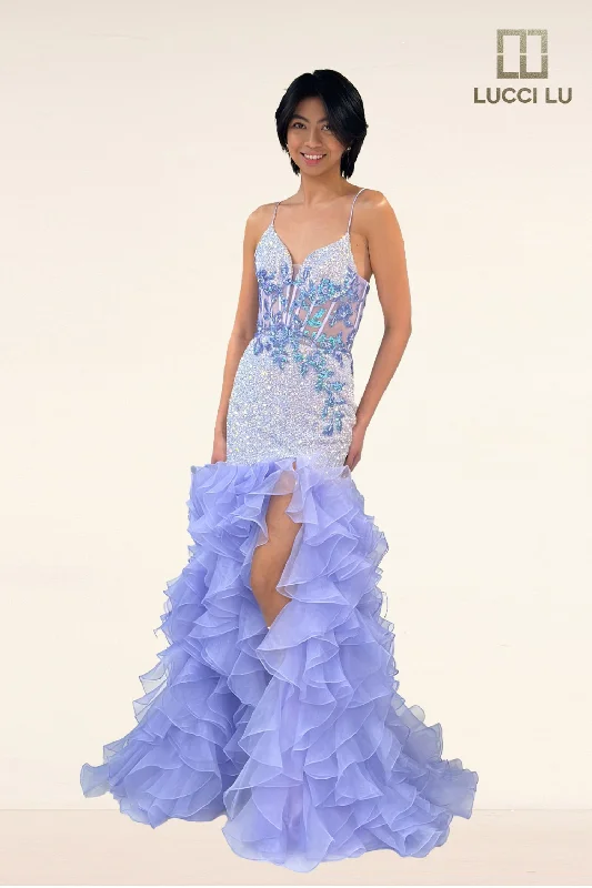 formal dresses with tiered skirts for volume and movement --Fitted V-Neck Ruffled Slit Gown by Lucci Lu 1395 formal dresses with tiered skirts for volume and movement --Fitted V-Neck Ruffled Slit Gown by Lucci Lu 1395