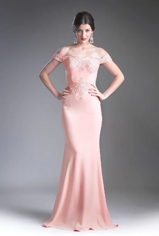 Trendy wedding guest dresses for weddings in tropical climates -Long Off Shoulder Lace Bodice Dress by Cinderella Divine CF158 Trendy wedding guest dresses for weddings in tropical climates -Long Off Shoulder Lace Bodice Dress by Cinderella Divine CF158