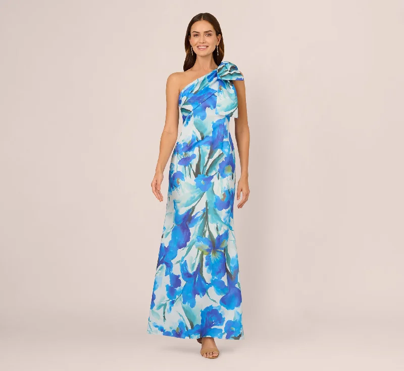 formal dresses with side slits for ease of movement --One Shoulder Floral Print Mermaid Gown In Blue Multi formal dresses with side slits for ease of movement --One Shoulder Floral Print Mermaid Gown In Blue Multi