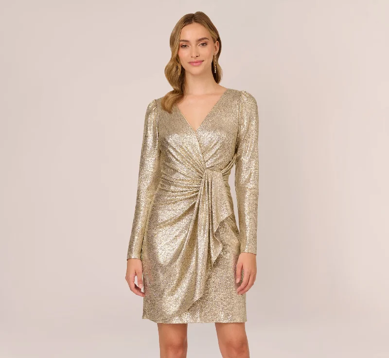 Spring dresses for a casual date with a flirty vibe -Foil Knit Faux Wrap Dress With Long Sleeves In Light Gold Spring dresses for a casual date with a flirty vibe -Foil Knit Faux Wrap Dress With Long Sleeves In Light Gold
