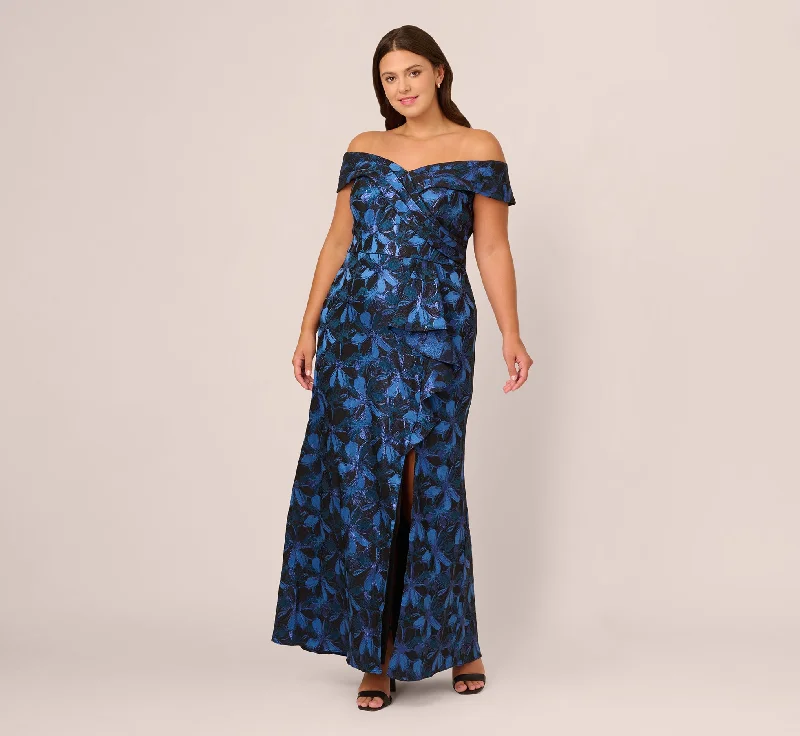 affordable formal dresses under $100 for prom --Plus Size Off Shoulder Jacquard Gown In Blue Multi affordable formal dresses under $100 for prom --Plus Size Off Shoulder Jacquard Gown In Blue Multi