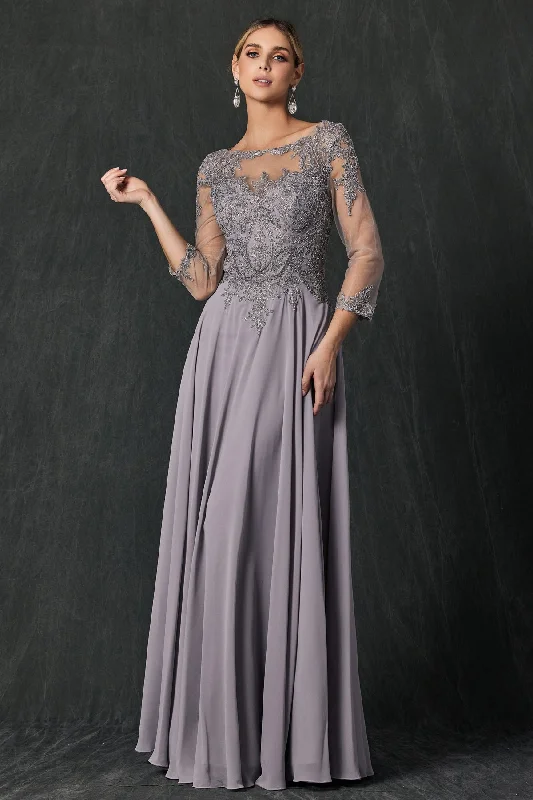 Wedding guest dresses with luxurious fabrics like satin and silk -Lace Applique 3/4 Sleeve Chiffon Gown by Juliet M12 Wedding guest dresses with luxurious fabrics like satin and silk -Lace Applique 3/4 Sleeve Chiffon Gown by Juliet M12