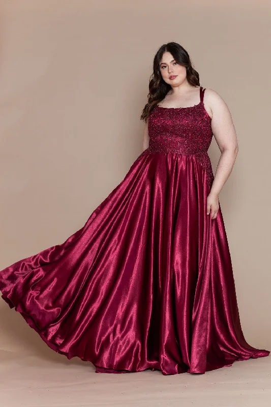 Wedding guest dresses with sleeves for extra coverage -Plus Size Embroidered Long Satin A-line Dress by Poly USA W1094 Wedding guest dresses with sleeves for extra coverage -Plus Size Embroidered Long Satin A-line Dress by Poly USA W1094