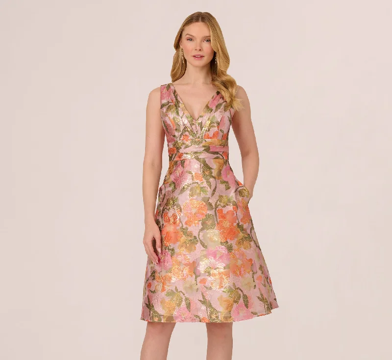 Stylish wedding guest dresses for daytime cocktail receptions -Metallic Floral Jacquard Midi Dress In Yellow Orange Multi Stylish wedding guest dresses for daytime cocktail receptions -Metallic Floral Jacquard Midi Dress In Yellow Orange Multi