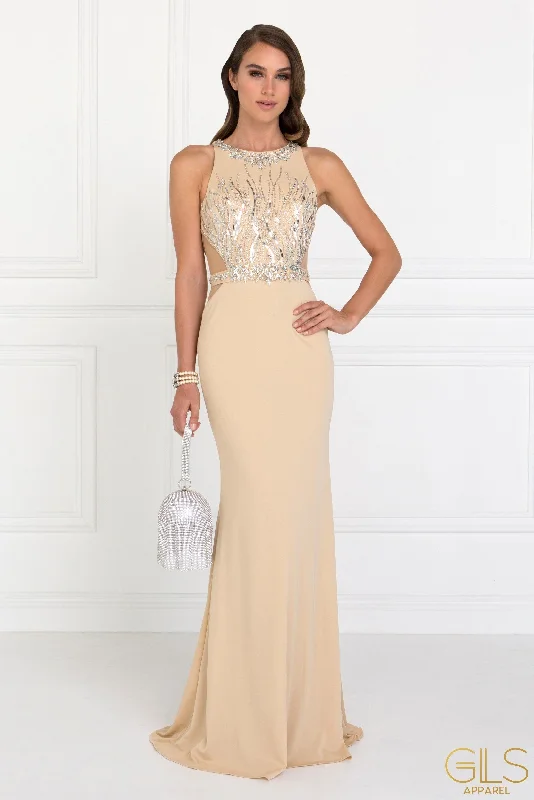 formal dresses with adjustable waist ties for comfort --Long Beaded Sleeveless Dress with Sheer Sides by Elizabeth K GL2294 formal dresses with adjustable waist ties for comfort --Long Beaded Sleeveless Dress with Sheer Sides by Elizabeth K GL2294