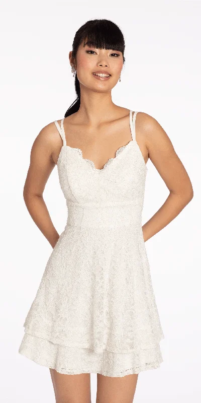 Graduation dresses for outdoor ceremonies with lightweight fabrics -Two Tier Glitter Lace Scalloped Skater Dress