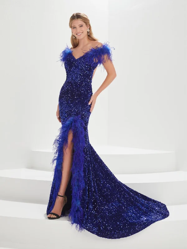 cocktail dresses with asymmetrical hemlines for unique style --Feather Sequin Off Shouler Gown by Tiffany Designs 16004 cocktail dresses with asymmetrical hemlines for unique style --Feather Sequin Off Shouler Gown by Tiffany Designs 16004