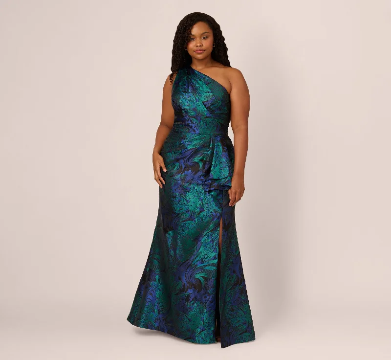 formal dresses with floral embroidery for spring occasions --Plus Size One Shoulder Jacquard Mermaid Gown With Drape Detail In Cobalt Teal formal dresses with floral embroidery for spring occasions --Plus Size One Shoulder Jacquard Mermaid Gown With Drape Detail In Cobalt Teal