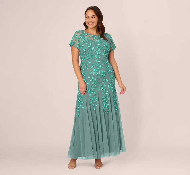 formal dresses for prom with tulle skirts and corset tops --Plus Size Hand Beaded Short Sleeve Floral Godet Gown In Green Slate formal dresses for prom with tulle skirts and corset tops --Plus Size Hand Beaded Short Sleeve Floral Godet Gown In Green Slate