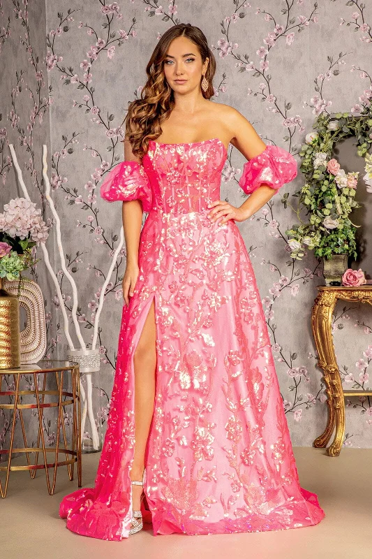 Trendy wedding guest dresses with pleated skirts for a polished look -Sequin Print Strapless A-line Slit Gown by GLS Gloria GL3311 Trendy wedding guest dresses with pleated skirts for a polished look -Sequin Print Strapless A-line Slit Gown by GLS Gloria GL3311