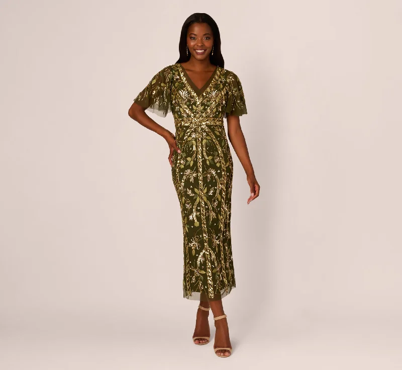 Wedding guest dresses in emerald green for a pop of color -Sequin Beaded Ankle Length Dress With Flutter Sleeves In Olive Wedding guest dresses in emerald green for a pop of color -Sequin Beaded Ankle Length Dress With Flutter Sleeves In Olive