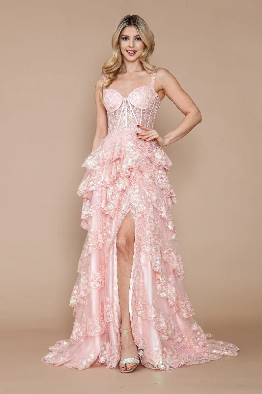 formal dresses for women with disabilities featuring magnetic closures --Applique Sleeveless Layered Slit Gown by Poly USA 9410 formal dresses for women with disabilities featuring magnetic closures --Applique Sleeveless Layered Slit Gown by Poly USA 9410