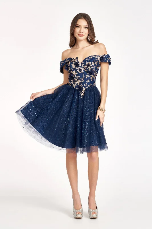 Simple satin party dresses for sophisticated looks -Glitter Print Short Off Shoulder Dress by Elizabeth K GS1978 Simple satin party dresses for sophisticated looks -Glitter Print Short Off Shoulder Dress by Elizabeth K GS1978