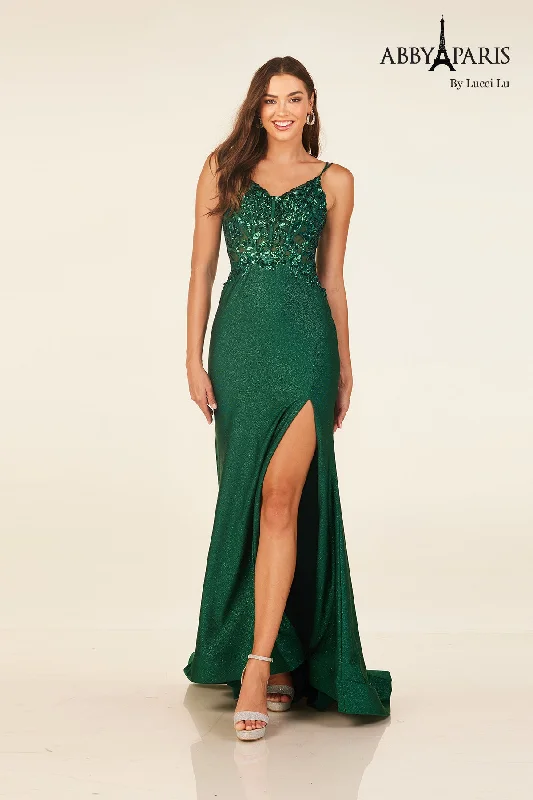 cocktail dresses with metallic fabrics for festive occasions --Sequin Applique V-Neck Slit Gown by Abby Paris 90314 cocktail dresses with metallic fabrics for festive occasions --Sequin Applique V-Neck Slit Gown by Abby Paris 90314