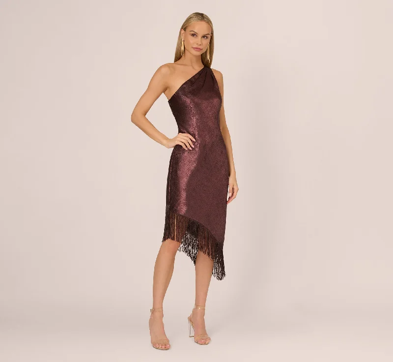 Wedding guest dresses with elegant draping for a sophisticated look -Foiled One Shoulder Asymmetrical Dress With Fringe Hem In Blackened Red Wedding guest dresses with elegant draping for a sophisticated look -Foiled One Shoulder Asymmetrical Dress With Fringe Hem In Blackened Red