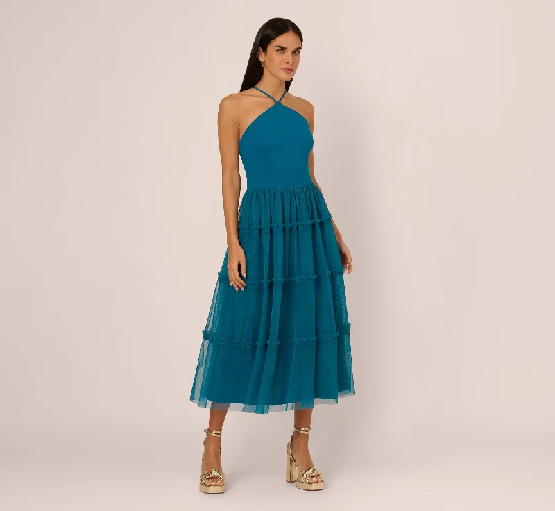 Wedding guest dresses for semi-formal ceremonies with a relaxed vibe -Knit And Mesh Tiered Midi Halter Dress In Peacock Wedding guest dresses for semi-formal ceremonies with a relaxed vibe -Knit And Mesh Tiered Midi Halter Dress In Peacock